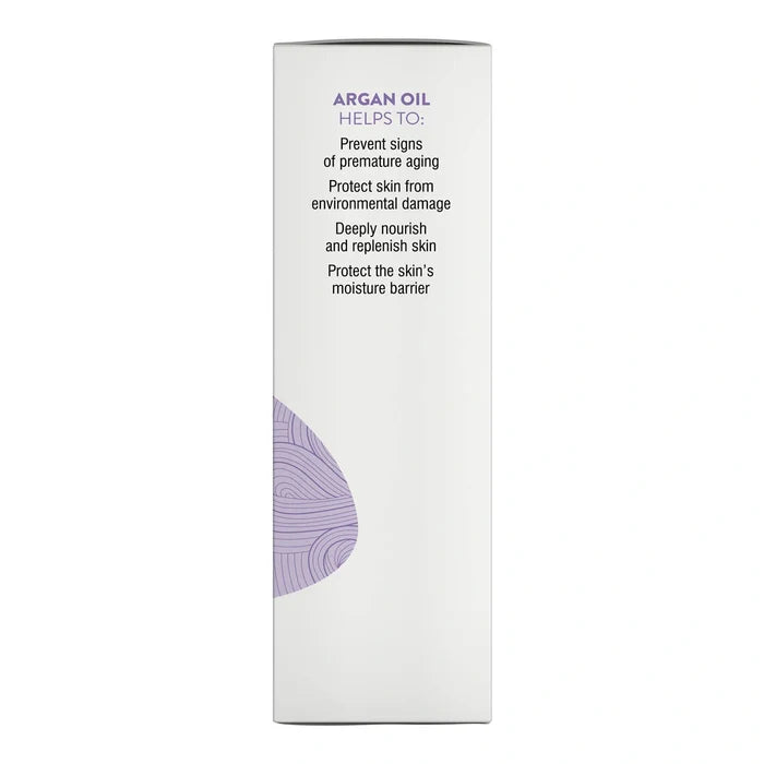 Product packaging with text about argan oil benefits on a white background
