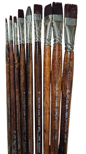 A selection of handcrafted artist's brushes with brown synthetic hair and metal ferrules, displayed side by side.
