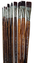 A selection of handcrafted artist's brushes with brown synthetic hair and metal ferrules, displayed side by side.