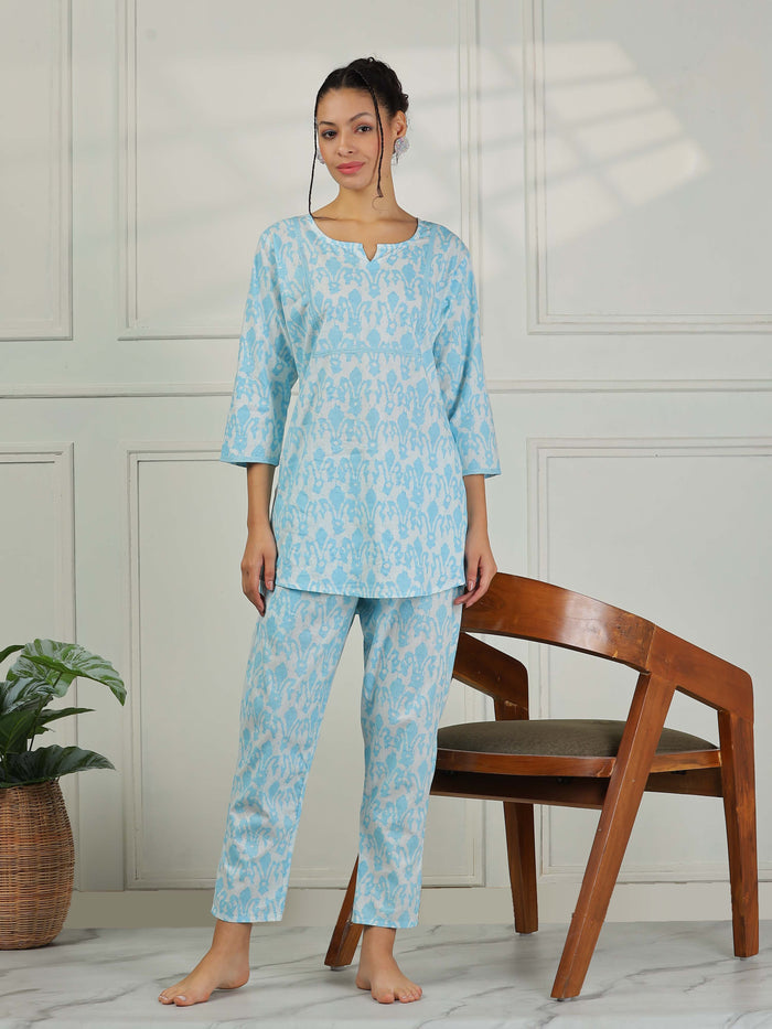 Relaxed Baby Blue Cotton Pajama Set for Women