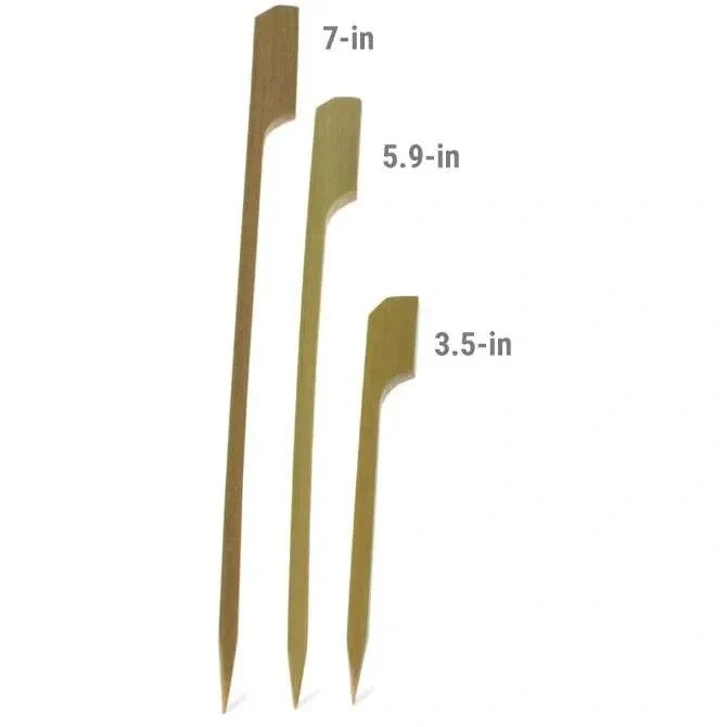 Three sizes of  bamboo paddle pick, with a flat paddle-like end and a pointed tip, against a white background.