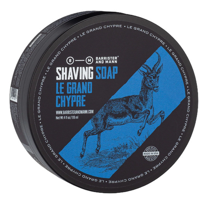 Barrister and Mann barbersåpe Le Grand Chypre med blått felt og springende hjort design