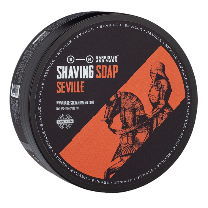 Barrister and Mann barbersåpe Seville med oransje felt og ridderfigur på hest design