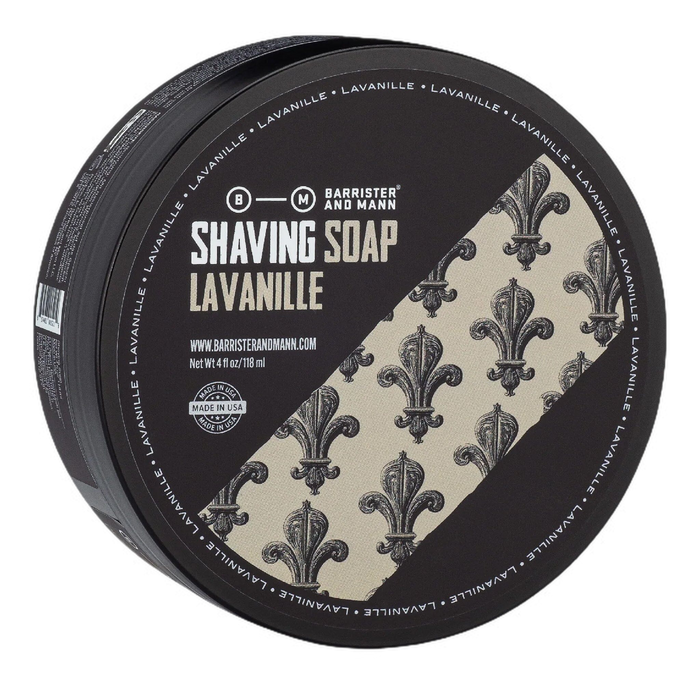 Barrister and Mann barbersåpe i skål Lavandille med svart metallisk beholder og beige fleur-de-lis etikett