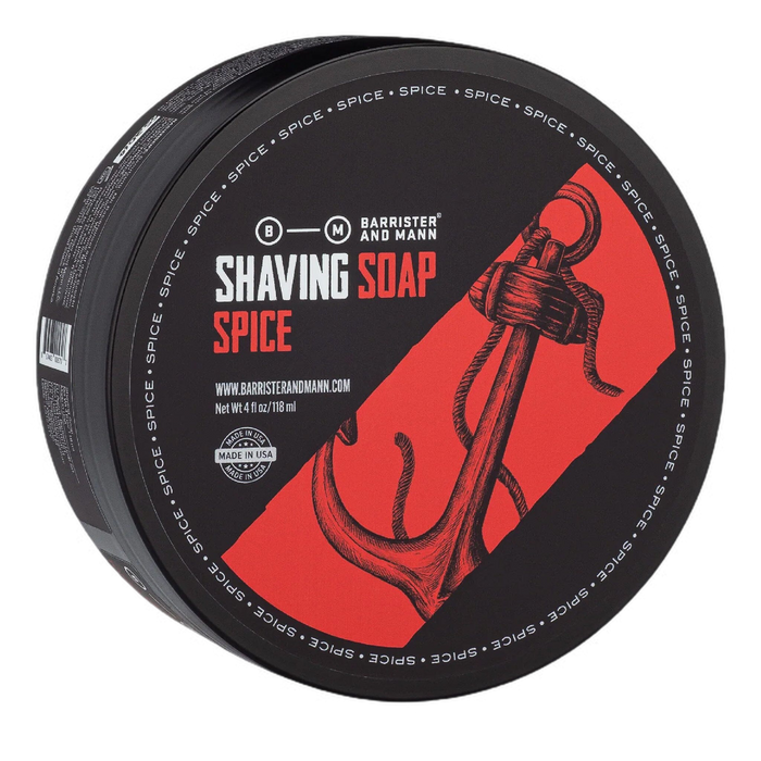 Barrister and Mann barbersåpe Spice med åpen topp, rød etikett og anker motiv