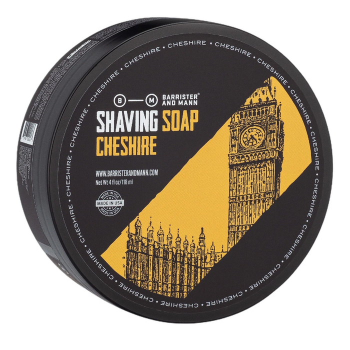 Barrister and Mann barbersåpe Cheshire med gult felt og bygningsskisse av Big Ben