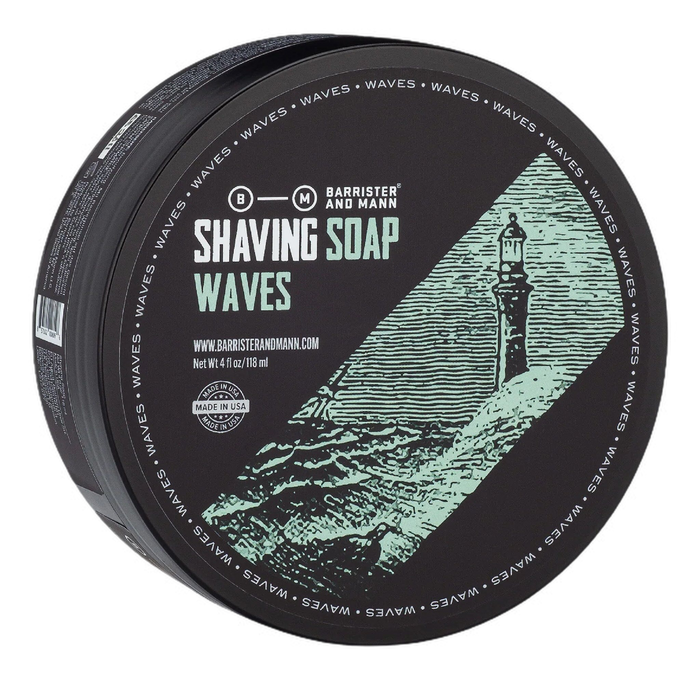 Barrister and Mann barbersåpe Waves med turkis etikett, fyr og bølgeillustrasjon