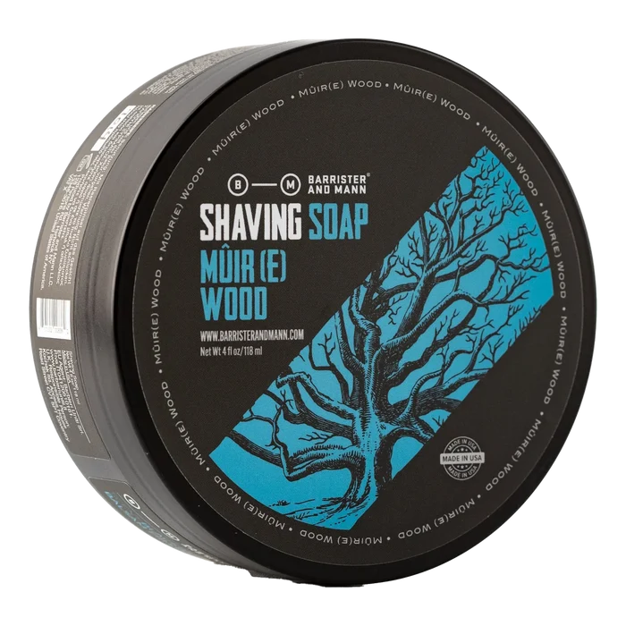 Barrister and Mann barbersåpe Mûir Wood med blått felt og treillustrasjon på etikett