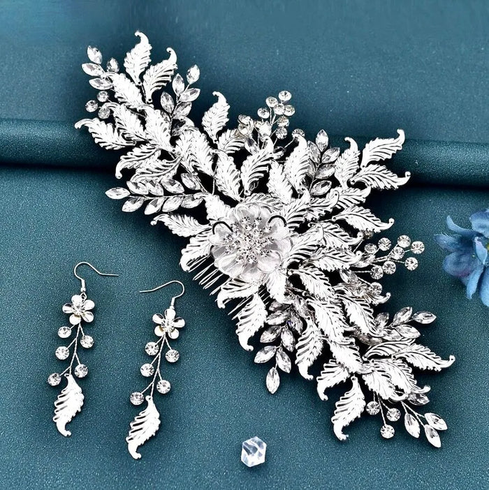 Wedding Headdress - Silver Crystal Bridal Headdress and Earrings Set