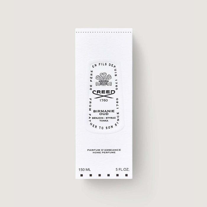 Birmanie Oud Room Spray box - White Luxury Packaging, Front View 150ml Oud Home Perfume | Creed Boutique