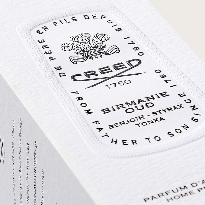 Birmanie Oud Room Spray Box Angled View - Embossed Label Detail, Benjoin Styrax Tonka | Creed Boutique