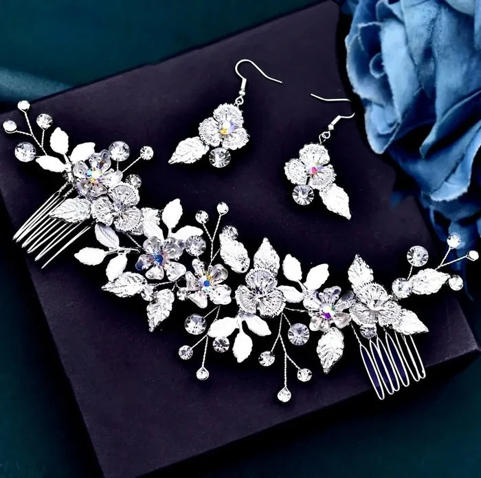 Wedding Headdress - Silver Crystal Bridal Headdress and Earrings Set