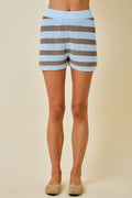Blue/Brown High Waist Stripe Knit Shorts W/ Elastic Waistband
