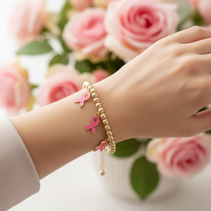 Breast Cancer Awareness Stretch Charm Bracelet Bulk Wholesale | Pink Ribbon Gold & Silver Beaded Jewelry (CB3157)