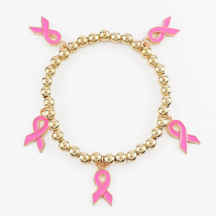 Breast Cancer Awareness Stretch Charm Bracelet Bulk Wholesale | Pink Ribbon Gold & Silver Beaded Jewelry (CB3157)
