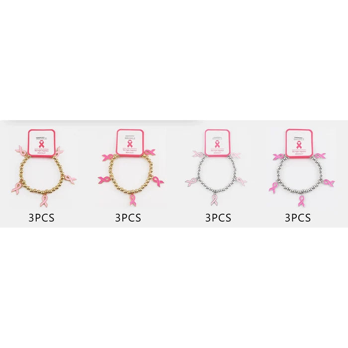 Breast Cancer Awareness Stretch Charm Bracelet Bulk Wholesale | Pink Ribbon Gold & Silver Beaded Jewelry (CB3157)