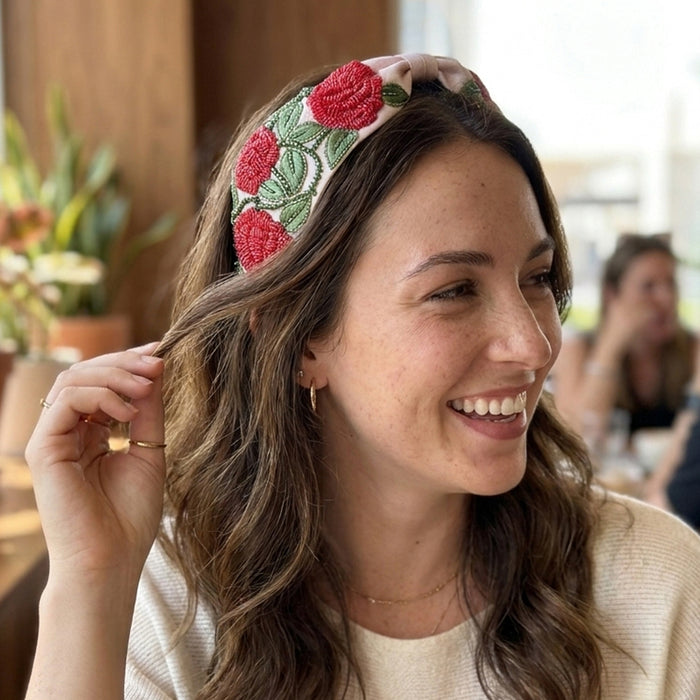 British rose embroidered headband with hand-beaded pink and green florals - timeless elegance