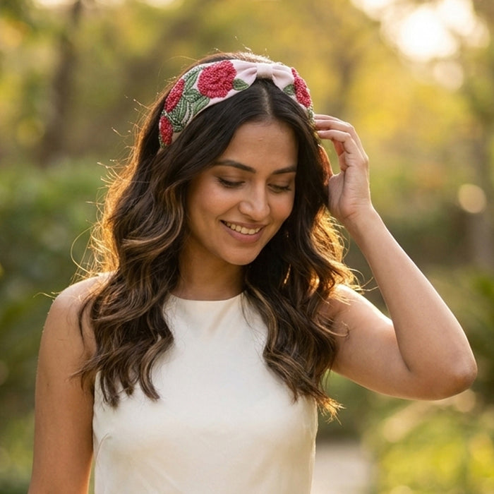 Structured embroidered headband for thick and fine hair - rose beadwork in pink and green tones