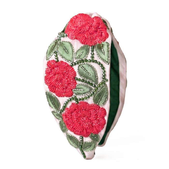Rose embroidered statement headband with intricate beading - fashion-forward accessory