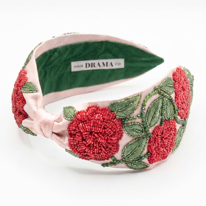 Rose embroidered headband - hand-beaded florals on structured satin base