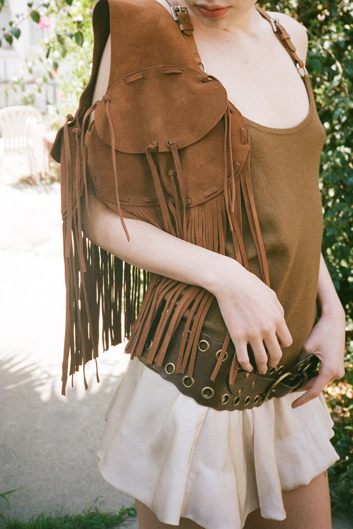 BURRO Jeffrey Campbell Fringe Bag Tan Suede