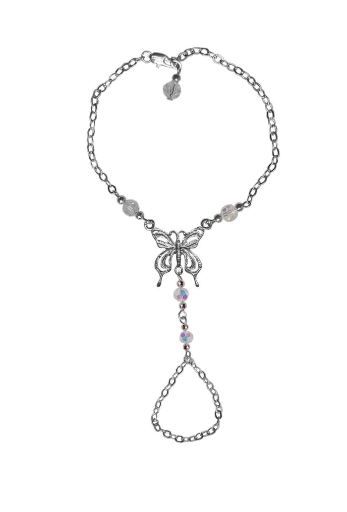 silver hand chain bracelet with butterfly pendant and finger loop