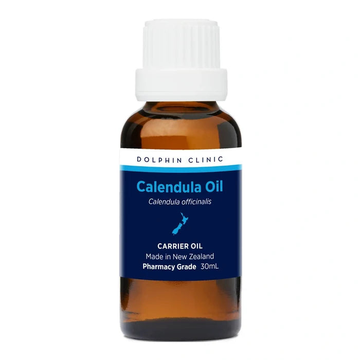 Bottle of Calendula Oil from Dolphin Clinic on a white background 30ml.