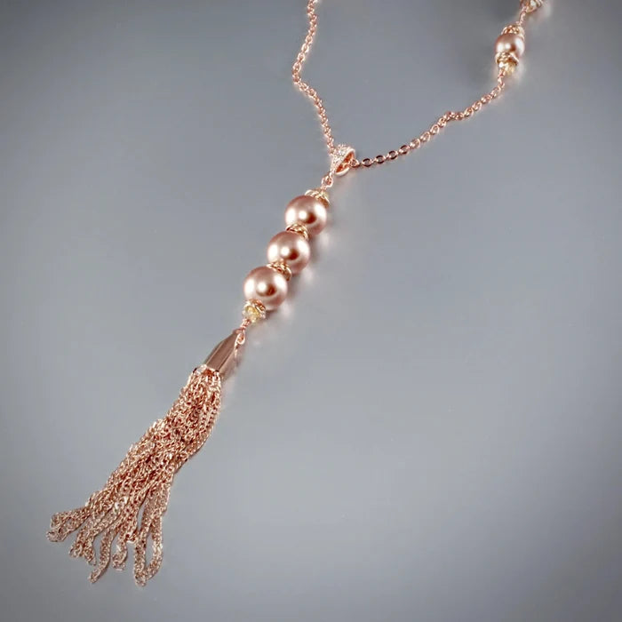 Elegant Jewelry - Swarovski Pearl and Rose Gold Tassel Necklace