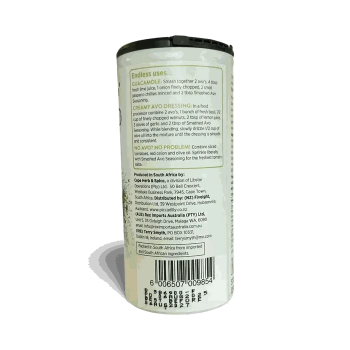 Cape Herb & Spice Smash Avo Seasoning 75g container with usage instructions and product details on label