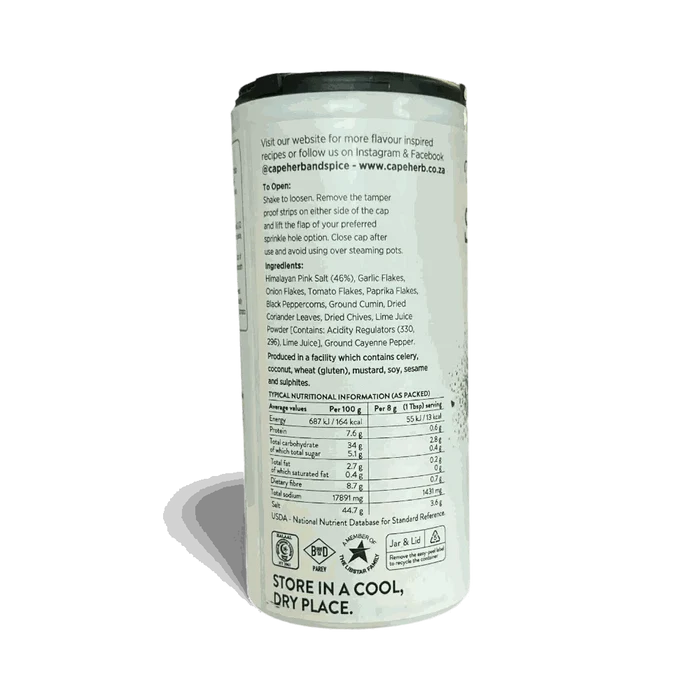 Cape Herb & Spice seasoning jar with nutritional info and ingredient details