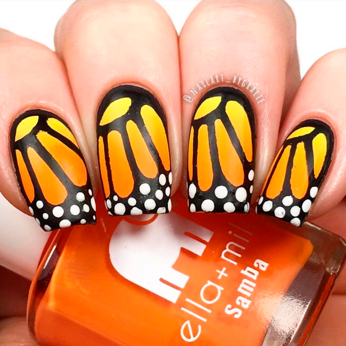 Cause I'm Happy orange nail polish with monarch butterfly nail art