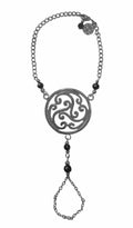 Silver Celtic spiral knot hand chain finger bracelet with black bead accents