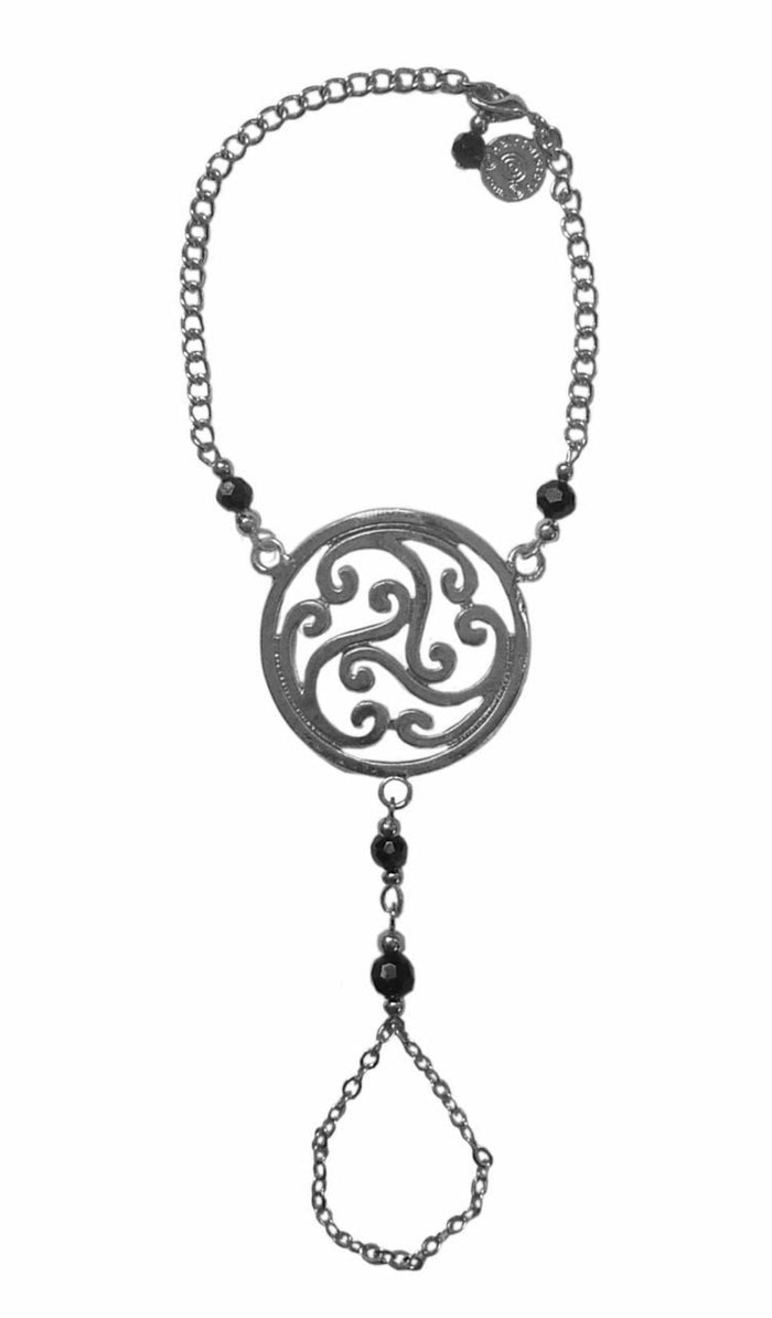Silver Celtic spiral knot hand chain finger bracelet with black bead accents