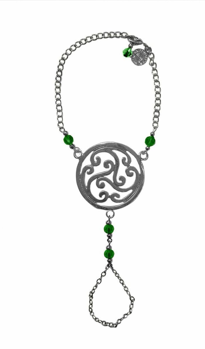 Celtic Finger Bracelet with green bead, adjustable symbolic knot hand jewelry