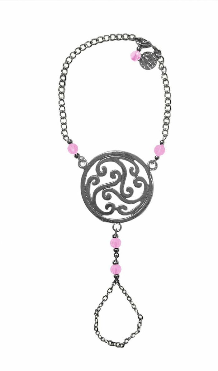 Celtic Finger Bracelet with pink bead, adjustable symbolic knot hand jewelry