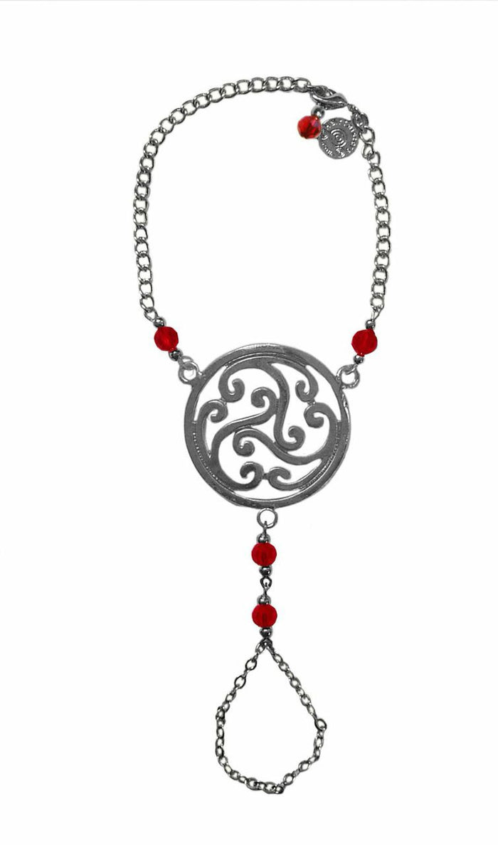 Celtic Finger Bracelet with red bead, adjustable symbolic knot hand jewelry