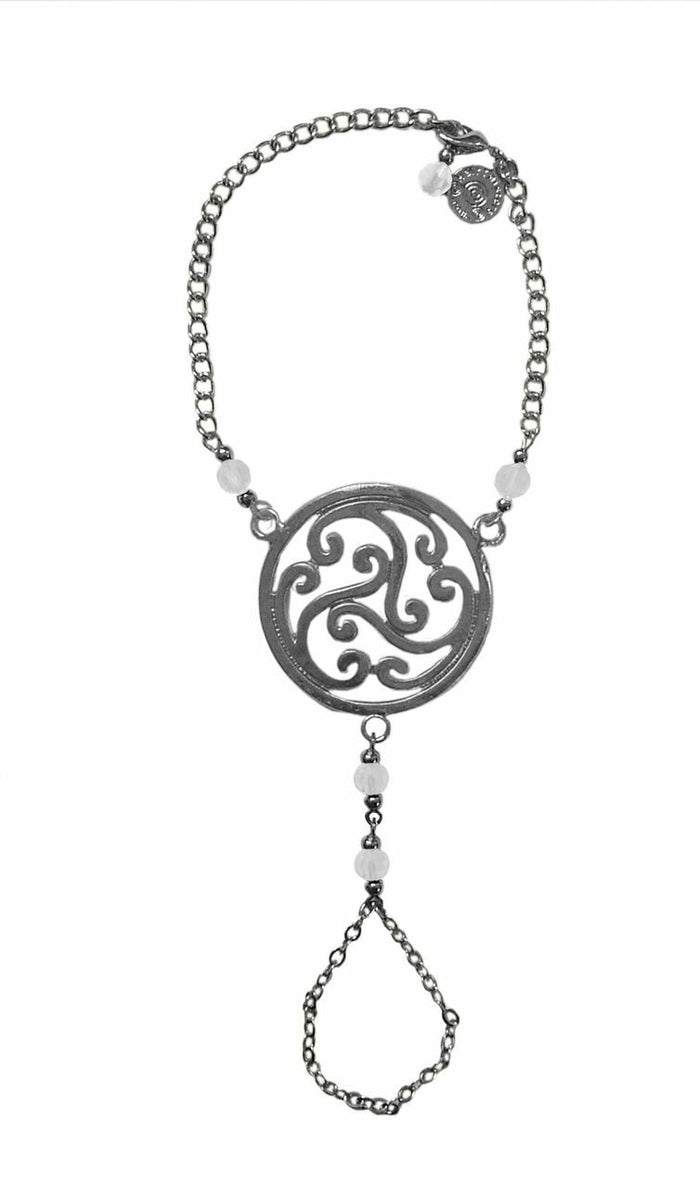Celtic Finger Bracelet with clear bead, adjustable symbolic knot hand jewelry