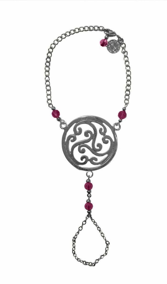 Celtic Finger Bracelet with purple bead, adjustable symbolic knot hand jewelry