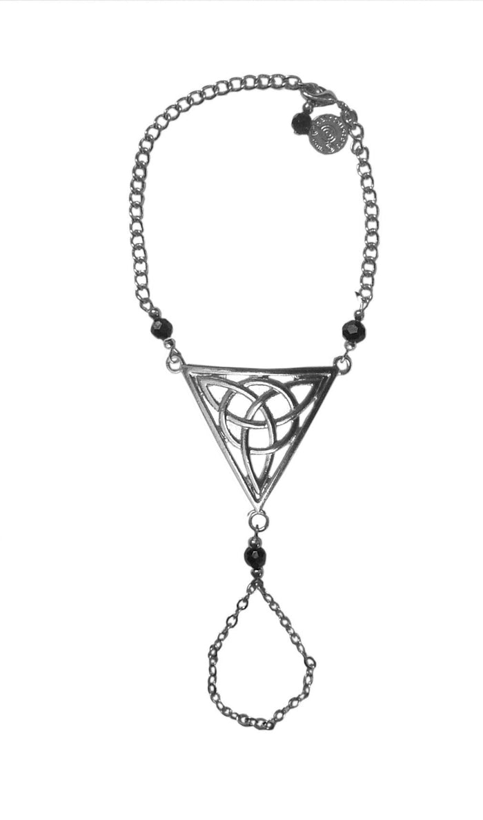 Silver Celtic triquetra triangle hand chain finger bracelet with adjustable wrist chain