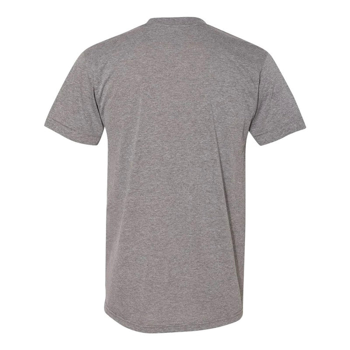 Heather grey tri-blend t-shirt back view, athletic cut short sleeve