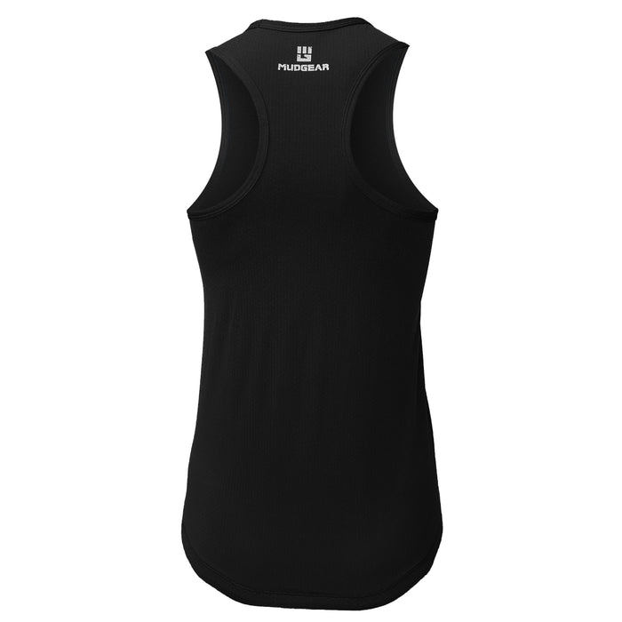 MudGear women's black racerback tank top back view showing logo