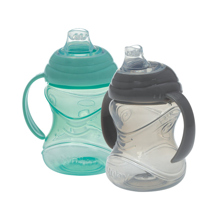 The Nuby Clik-It Soft Spout Grip N’ Sip Trainer Cup 2-Pack in Aqua and Grey features clear, curved, leak-resistant cups with handles, matching lids, and silicone spouts for easy sipping. Displayed on a white background.