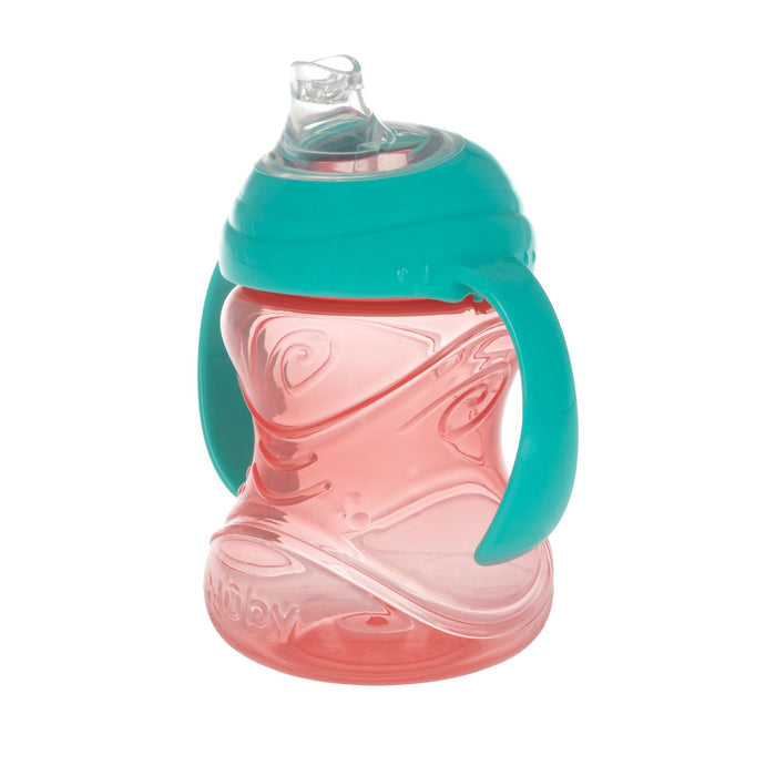 Aqua Clik-It Soft Spout Grip N' Sip Trainer Cup by Nuby with curved handles and lid, clear spout, and embossed “Nuby” branding near the base. Comes in a 2 pack with aqua/yellow color options.
