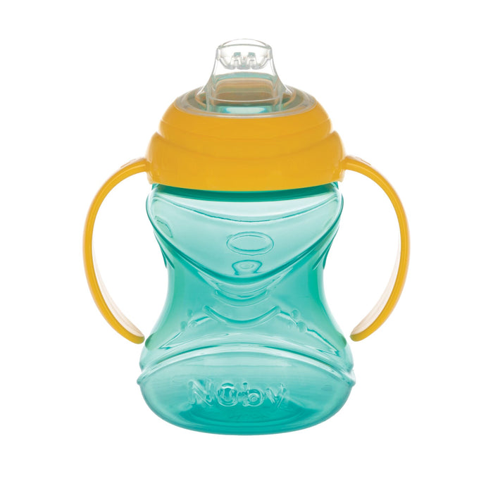 Aqua/yellow Nuby Clik-It Soft Spout Grip N' Sip Trainer Cup (2 pack), plastic with two yellow handles, yellow lid, and clear silicone spout. Leak proof, Nuby logo on front.