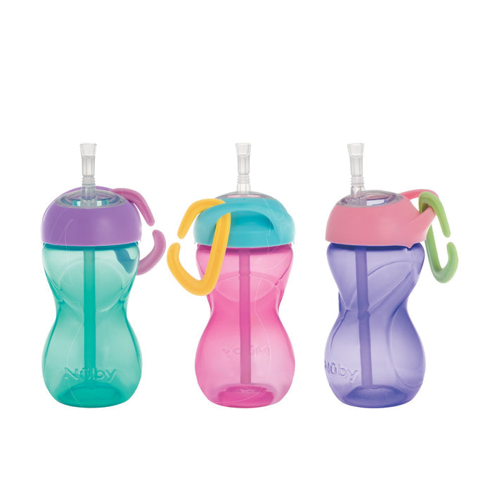 The Nuby Clik-it Travel Straw Cup with Carabiner (3 Pack) in aqua, pink, and purple features colorful, leak-resistant cups with flip-up straws and handles—perfect for kids on the go. Cups are shown side by side against a white background.