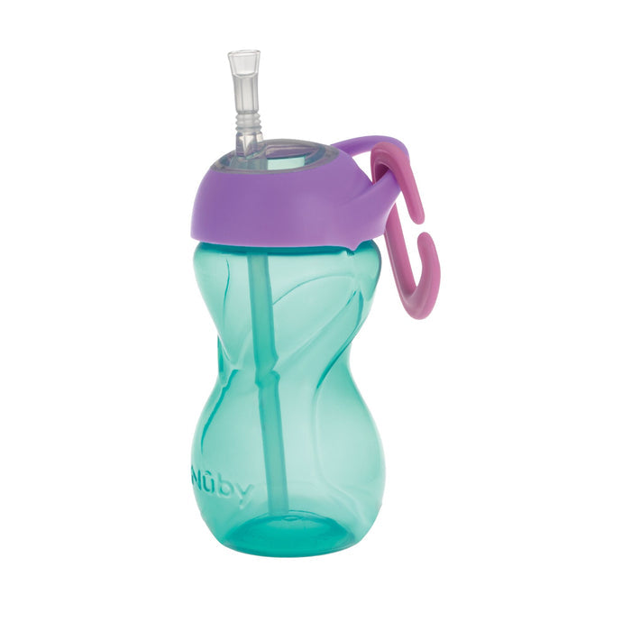 The Nuby Clik-it Travel Straw Cup with Carabiner (3 Pack) in Aqua, Pink, and Purple is a leak-resistant cup for kids on the go, featuring a built-in straw and an easy-carry carabiner.