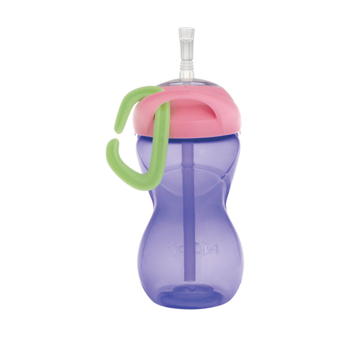 The Nuby Clik-it Travel Straw Cup with Carabiner (3 Pack) in Aqua, Pink, and Purple is shown upright on a white background, featuring a colorful lid, clear straw, and green handle.