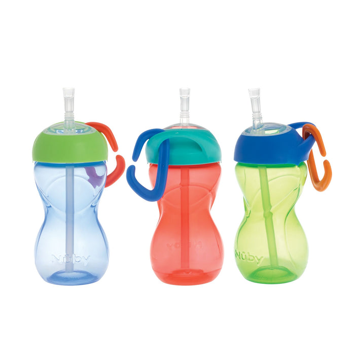 The Nuby Clik-it Travel Straw Cup with Carabiner (3 Pack) includes red, green, and blue leak-resistant cups with handles, straws, and orange or blue carabiners for easy carrying.