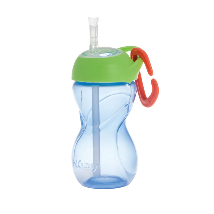 The Nuby Clik-it Travel Straw Cup with Carabiner (3 Pack) in red, green, and blue features a spill-proof straw, contoured shape for easy gripping, and a side clip for travel.