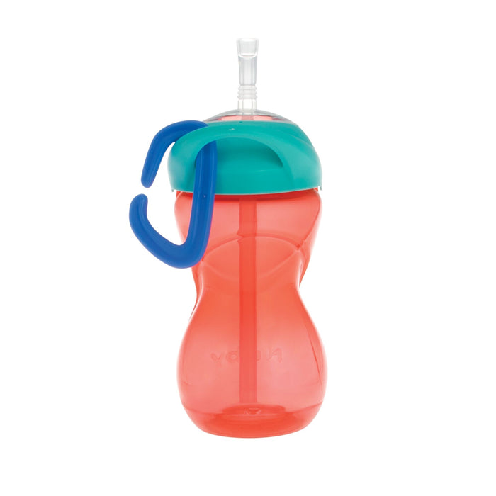 The Nuby Clik-it Travel Straw Cup with Carabiner (3 Pack) in Red/Green/Blue is a spill-proof, plastic toddler cup featuring a curved shape, clear straw, and top blue handle—ideal for on-the-go use.